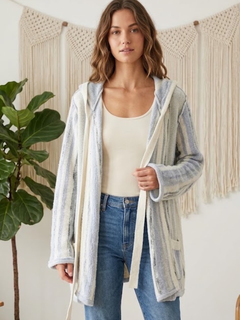 NWOT Chaser Tie Front Striped Hooded OVERSIZED Open-Front Cardigan~S
